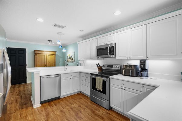 Interior, Kitchen, Pendant Lights, Recessed Lighting, Stainless Steel Appliances, Wood Texture Flooring