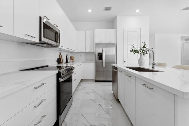 Interior, Kitchen, Marble, Recessed Lighting, Stainless Steel Appliances