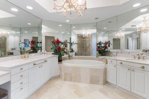 Bathroom, Chandelier, Dual Sink Vanities, Glass Shower, Interior, Recessed Lighting