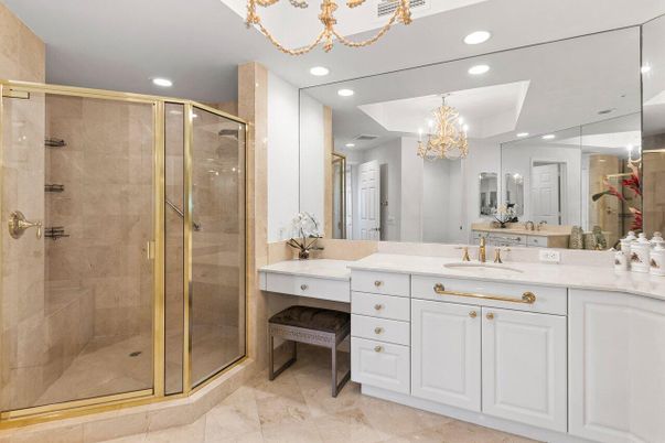 Bathroom, Chandelier, Dual Sink Vanities, Glass Shower, Interior, Recessed Lighting
