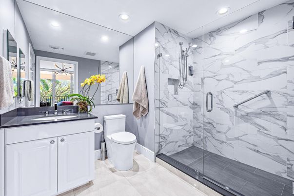 Bathroom, Glass Shower, Interior, Marble Walls, Recessed Lighting