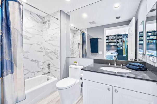 Bathroom, Interior, Marble Walls, Recessed Lighting
