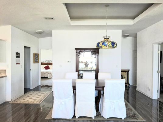 Dining room, Interior, Pendant Lights, Wood Texture Flooring