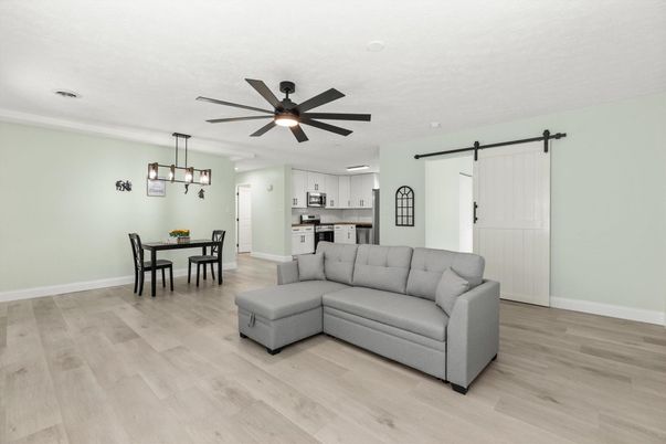 Dining room, Interior, Kitchen, Pendant Lights, Stainless Steel Appliances, Wood Texture Flooring
