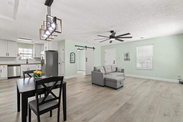 Dining room, Interior, Kitchen, Pendant Lights, Wood Texture Flooring