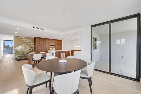 Dining room, Interior, Kitchen, Living room, Recessed Lighting, Wood Texture Flooring