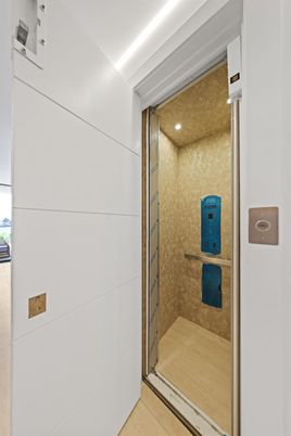 Elevator, Interior, Recessed Lighting, Wood Texture Flooring