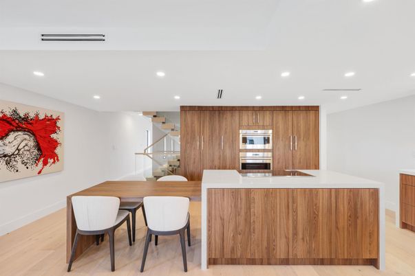 Dining room, Interior, Kitchen, Recessed Lighting, Stainless Steel Appliances, Wood Texture Flooring