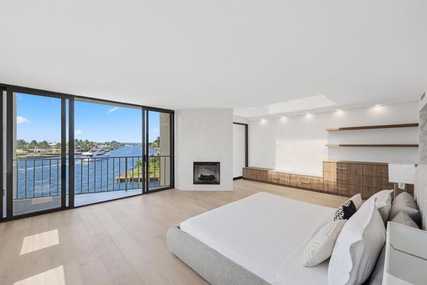Bedroom, Fireplace, Interior, Recessed Lighting, Water, Wood Texture Flooring