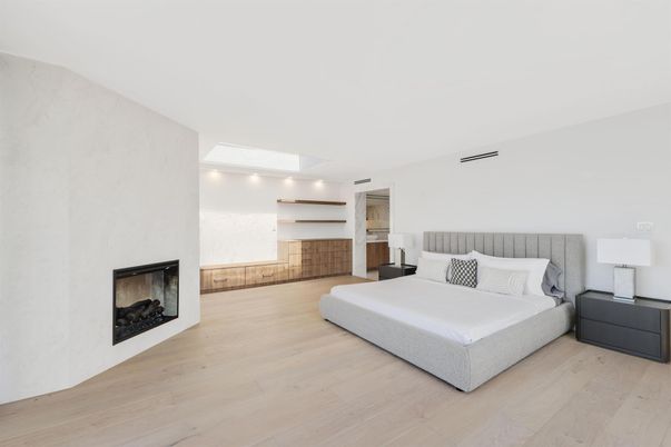 Bedroom, Fireplace, Interior, Recessed Lighting, Wood Texture Flooring