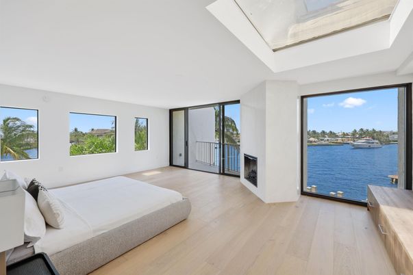 Bedroom, Fireplace, Interior, Water, Wood Texture Flooring