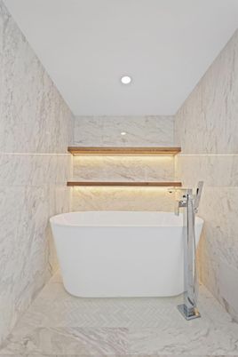 Bathroom, Free Standing Baths, Interior, Marble, Marble Walls, Recessed Lighting