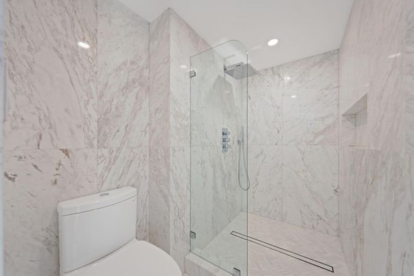Bathroom, Glass Shower, Interior, Marble Walls, Recessed Lighting