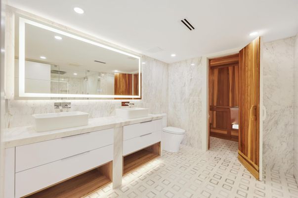 Bathroom, Dual Sink Vanities, Glass Shower, Interior, Marble Walls, Recessed Lighting