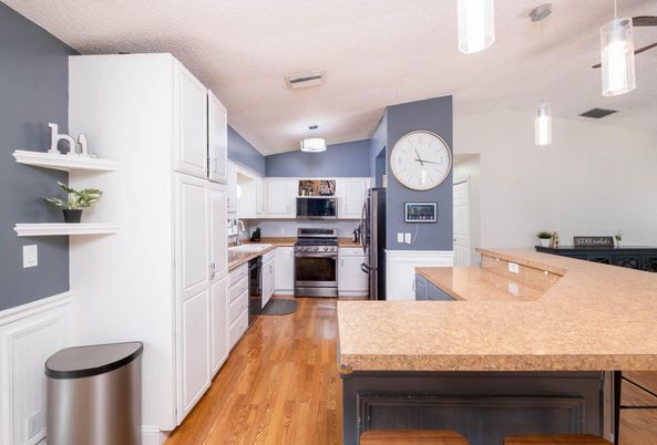 Interior, Kitchen, Pendant Lights, Stainless Steel Appliances, Wood Texture Flooring