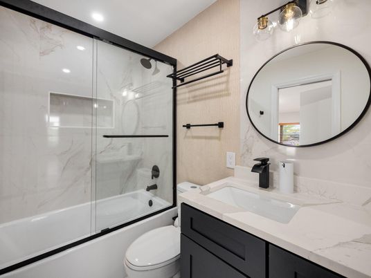 Bathroom, Glass Shower, Interior, Marble Walls, Recessed Lighting