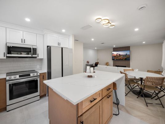 Dining room, Interior, Kitchen, Recessed Lighting, Stainless Steel Appliances, Wood Texture Flooring