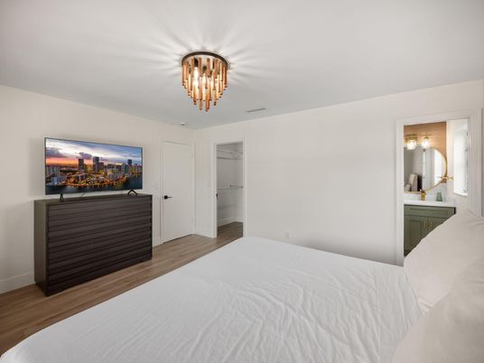 Bedroom, Chandelier, Interior, Wood Texture Flooring