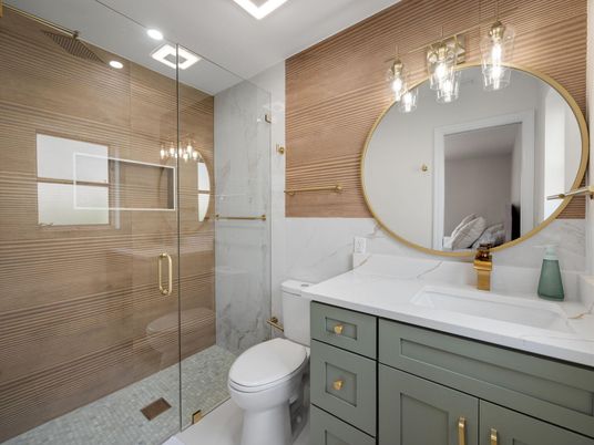 Bathroom, Glass Shower, Interior, Marble Walls, Recessed Lighting
