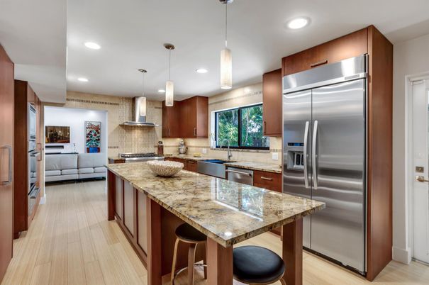 Interior, Kitchen, Pendant Lights, Recessed Lighting, Stainless Steel Appliances, Wood Texture Flooring