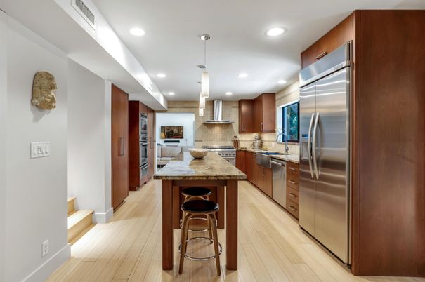 Interior, Kitchen, Pendant Lights, Recessed Lighting, Stainless Steel Appliances, Wood Texture Flooring