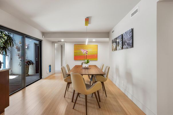 Dining room, Interior, Pendant Lights, Recessed Lighting, Wood Texture Flooring