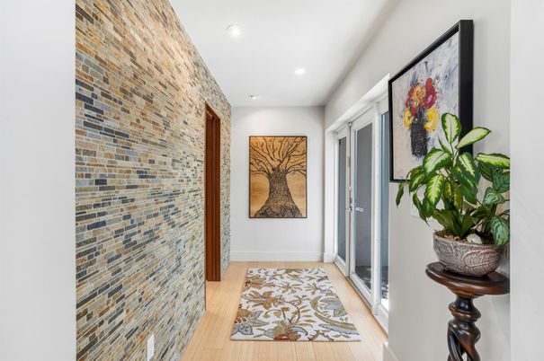 Interior, Recessed Lighting, Stone Walls, Wood Texture Flooring