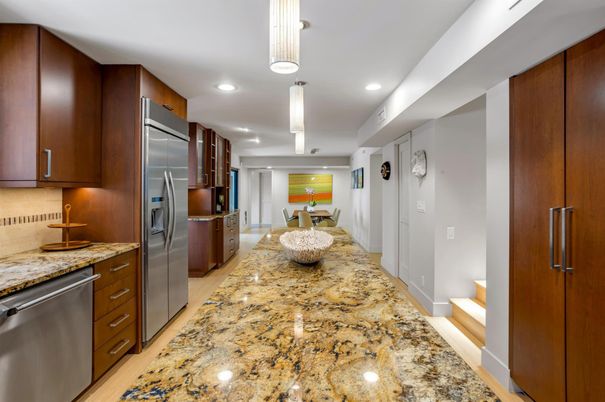 Dining room, Interior, Kitchen, Pendant Lights, Recessed Lighting, Stainless Steel Appliances, Wood Texture Flooring