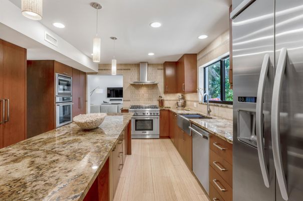 Interior, Kitchen, Pendant Lights, Recessed Lighting, Stainless Steel Appliances, Wood Texture Flooring