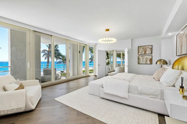 Bedroom, Chandelier, Interior, Recessed Lighting, Water, Wood Texture Flooring