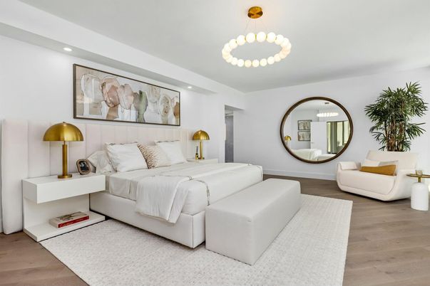 Bedroom, Interior, Pendant Lights, Recessed Lighting, Wood Texture Flooring