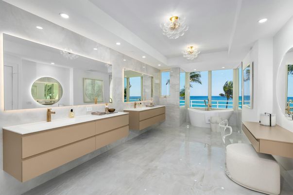 Bathroom, Dual Sink Vanities, Interior, Marble, Recessed Lighting, Water