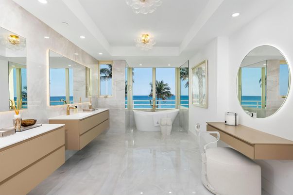 Bathroom, Dual Sink Vanities, Free Standing Baths, Interior, Marble, Recessed Lighting, Water
