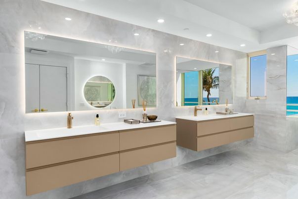 Bathroom, Dual Sink Vanities, Interior, Marble, Recessed Lighting