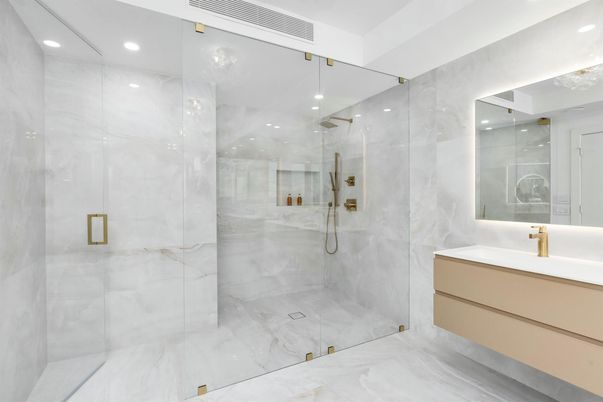 Bathroom, Glass Shower, Interior, Marble, Marble Walls, Recessed Lighting