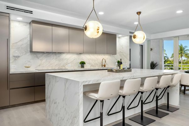 Interior, Kitchen, Marble Walls, Pendant Lights, Recessed Lighting, Wood Texture Flooring