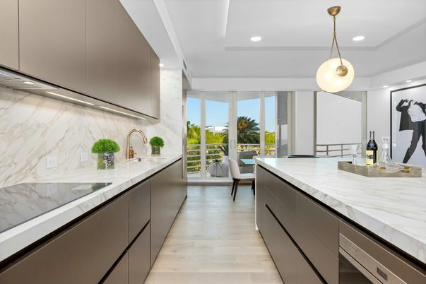 Interior, Kitchen, Marble Walls, Pendant Lights, Recessed Lighting, Wood Texture Flooring