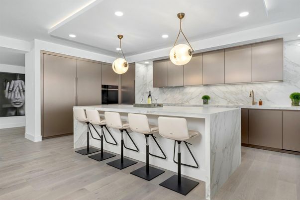 Interior, Kitchen, Marble Walls, Pendant Lights, Recessed Lighting, Wood Texture Flooring