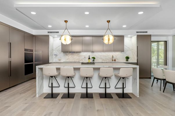 Interior, Kitchen, Marble Walls, Pendant Lights, Recessed Lighting, Stainless Steel Appliances, Wood Texture Flooring