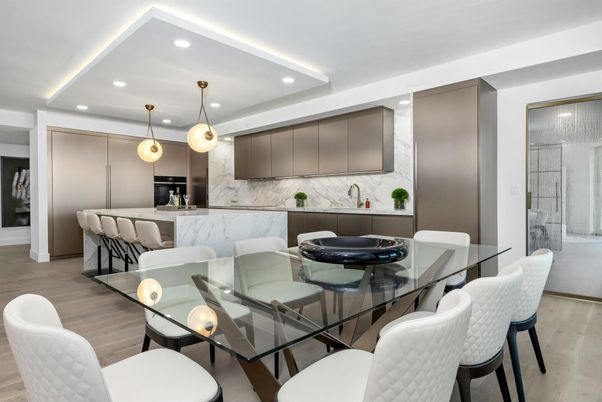 Dining room, Interior, Kitchen, Marble Walls, Pendant Lights, Recessed Lighting, Wood Texture Flooring
