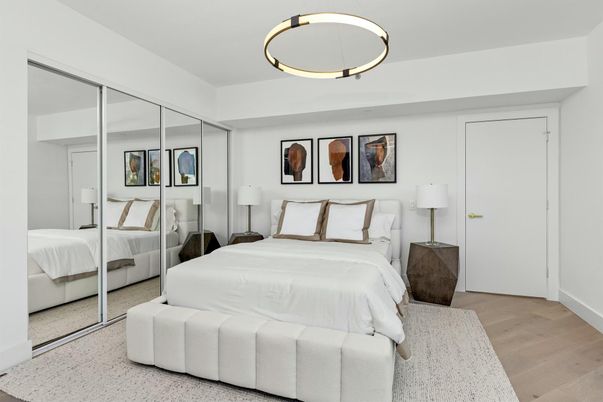 Bedroom, Interior, Pendant Lights, Wood Texture Flooring