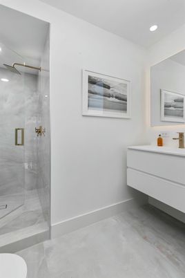 Bathroom, Glass Shower, Interior, Recessed Lighting