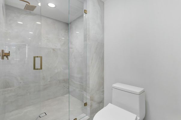 Bathroom, Glass Shower, Interior, Marble Walls, Recessed Lighting