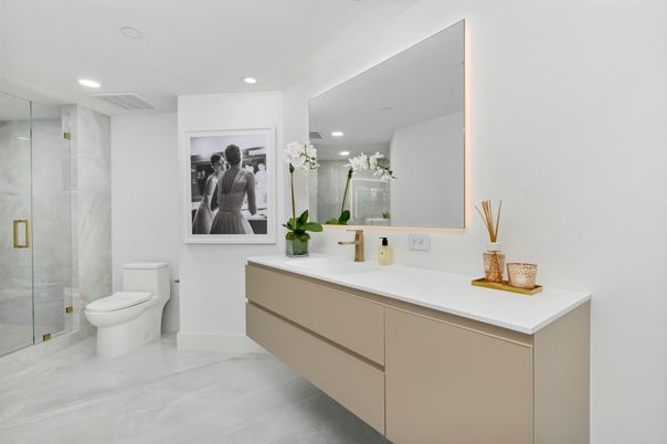 Bathroom, Dual Sink Vanities, Glass Shower, Interior, Marble, Recessed Lighting