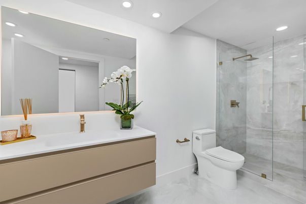 Bathroom, Glass Shower, Interior, Marble, Recessed Lighting