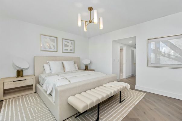 Bedroom, Interior, Pendant Lights, Recessed Lighting, Wood Texture Flooring