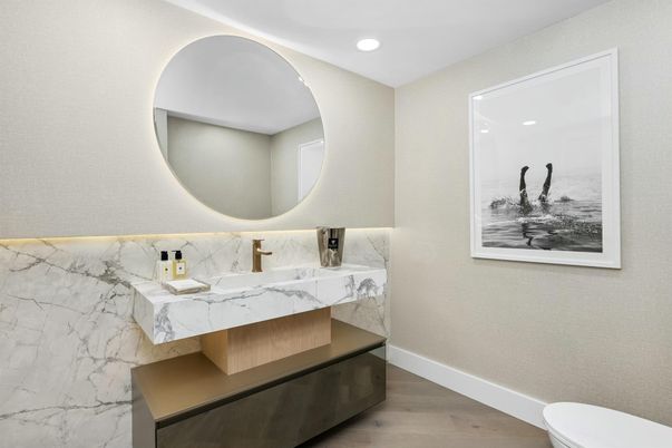 Bathroom, Interior, Marble Walls, Recessed Lighting, Wood Texture Flooring