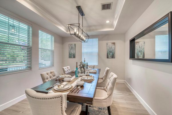 Dining room, Interior, Pendant Lights, Recessed Lighting, Wood Texture Flooring