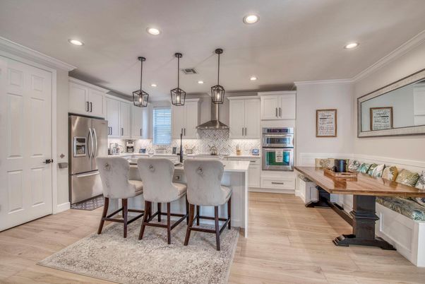 Interior, Kitchen, Pendant Lights, Recessed Lighting, Stainless Steel Appliances, Wood Texture Flooring