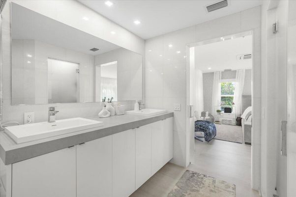 Bathroom, Bedroom, Dual Sink Vanities, Interior, Recessed Lighting, Wood Texture Flooring